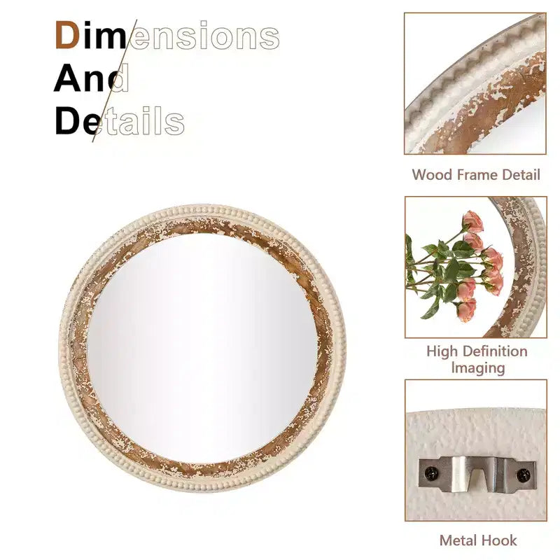 Round Wood Wall Mirror with Boho Bead Frame