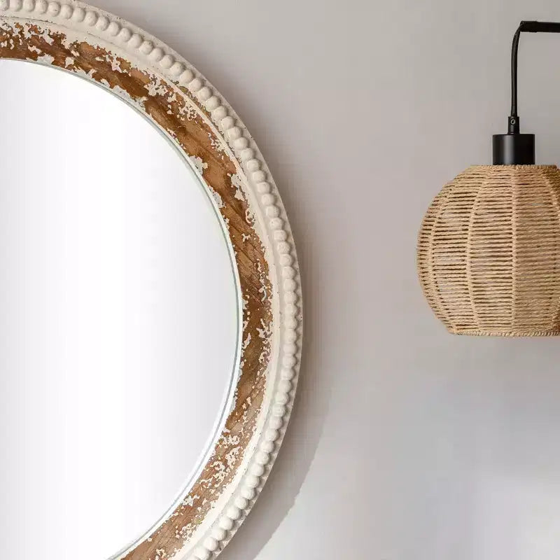 Round Wood Wall Mirror with Boho Bead Frame