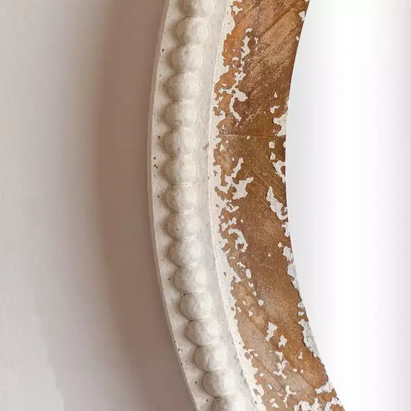Round Wood Wall Mirror with Boho Bead Frame