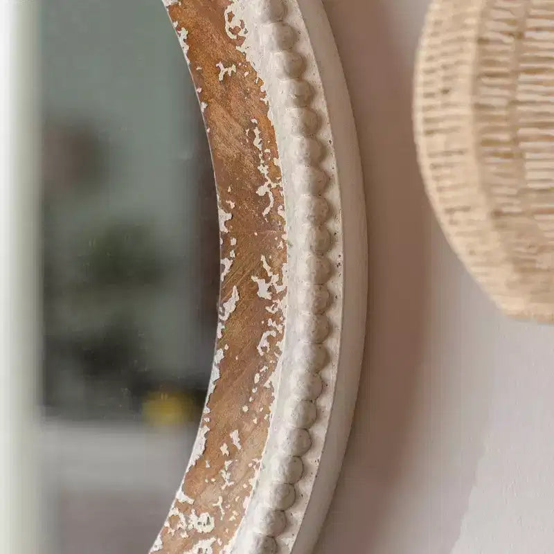 Round Wood Wall Mirror with Boho Bead Frame