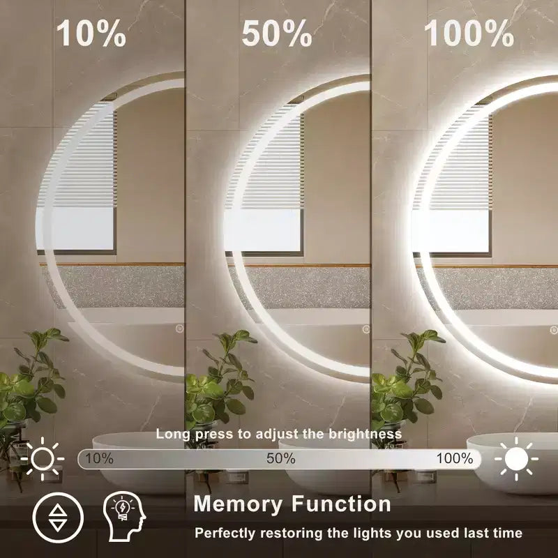 Round Frameless LED Bathroom Vanity Mirror with Anti-Fog and Dimmable Light