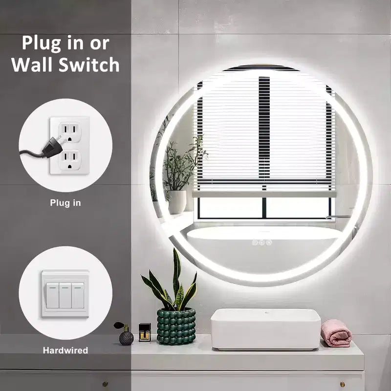Round Frameless LED Bathroom Vanity Mirror with Anti-Fog and Dimmable Light