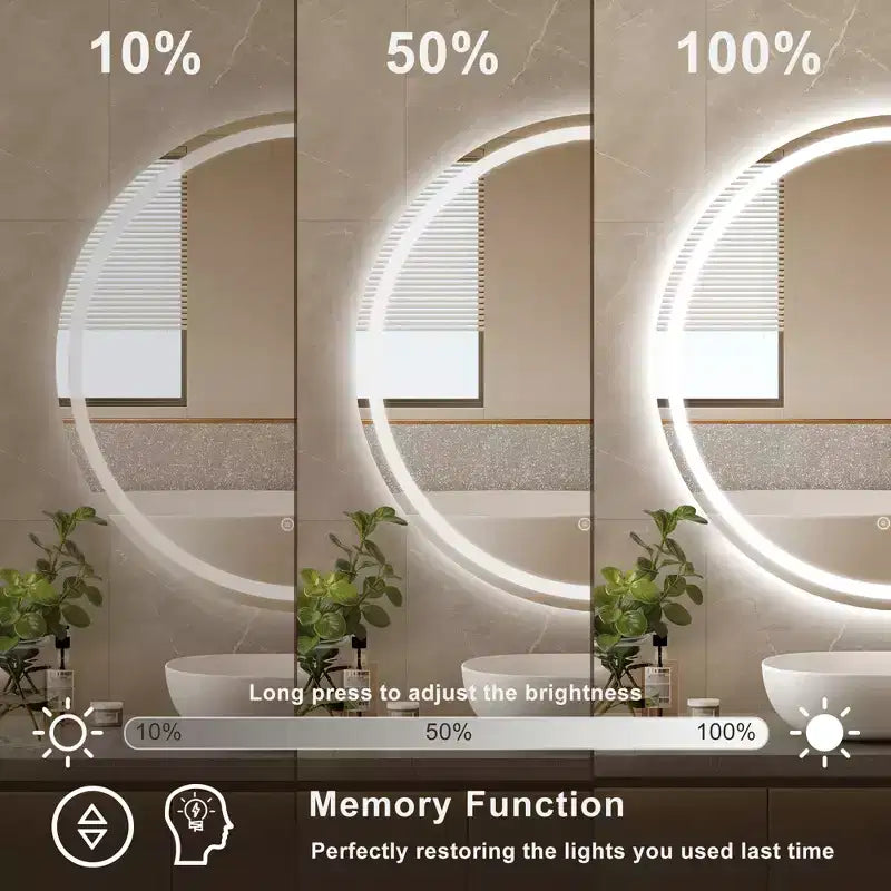Round Frameless LED Bathroom Vanity Mirror with Anti-Fog and Dimmable Light