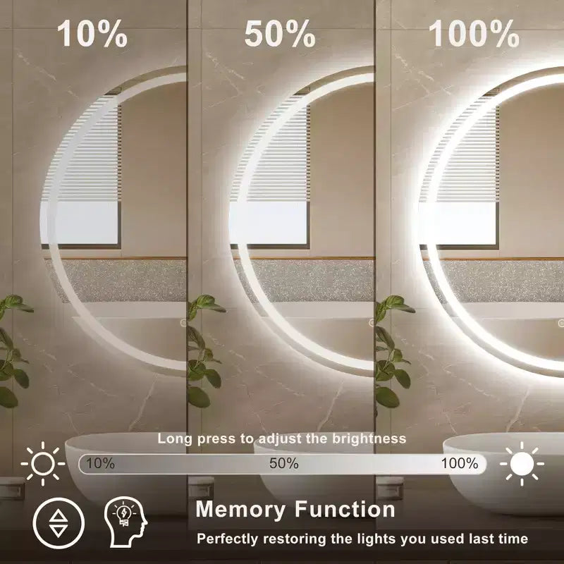 Round Frameless LED Bathroom Vanity Mirror with Anti-Fog and Dimmable Light