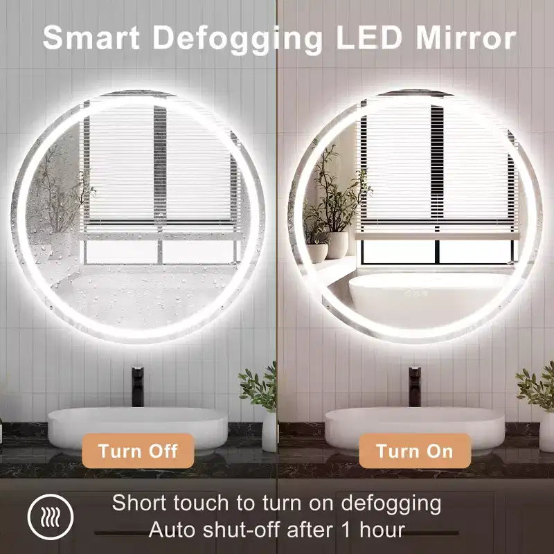 Round Frameless LED Bathroom Vanity Mirror with Anti-Fog and Dimmable Light