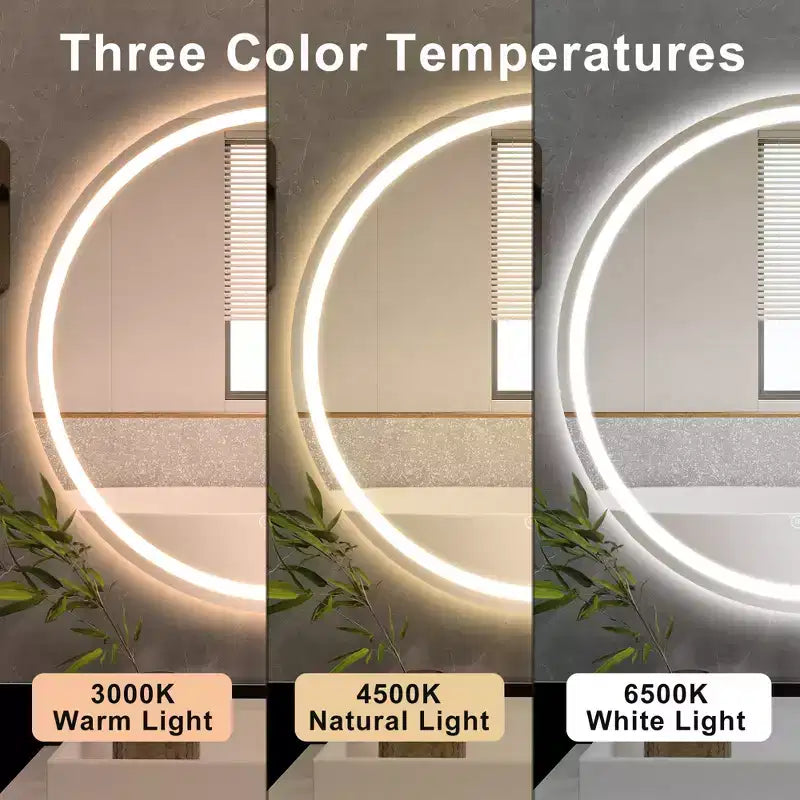 Round Frameless LED Bathroom Vanity Mirror with Anti-Fog and Dimmable Light
