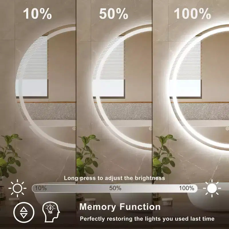 Round Frameless LED Bathroom Vanity Mirror with Anti-Fog and Dimmable Light