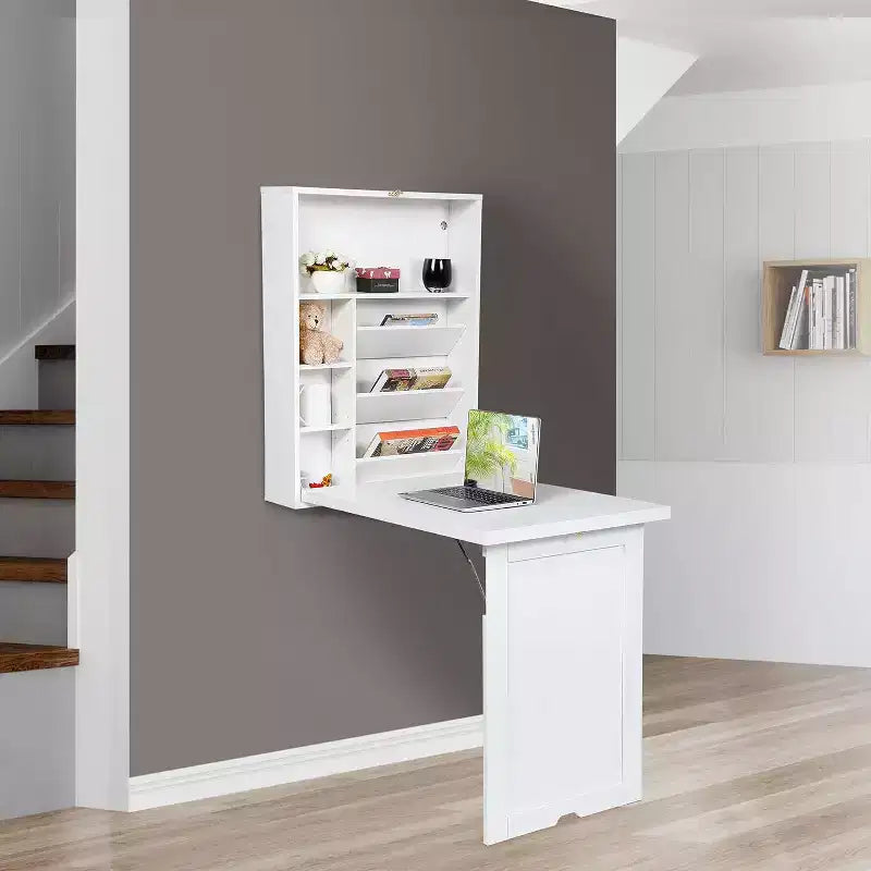 Wall Mounted Fold-Out Desk with Storage Shelves, White