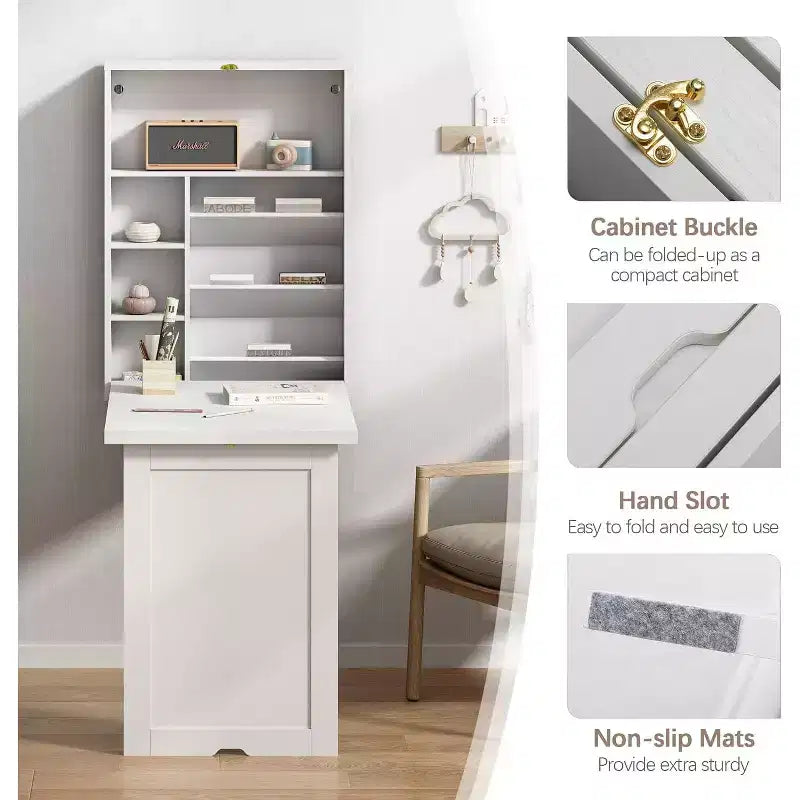 Wall Mounted Fold-Out Desk with Storage Shelves, White