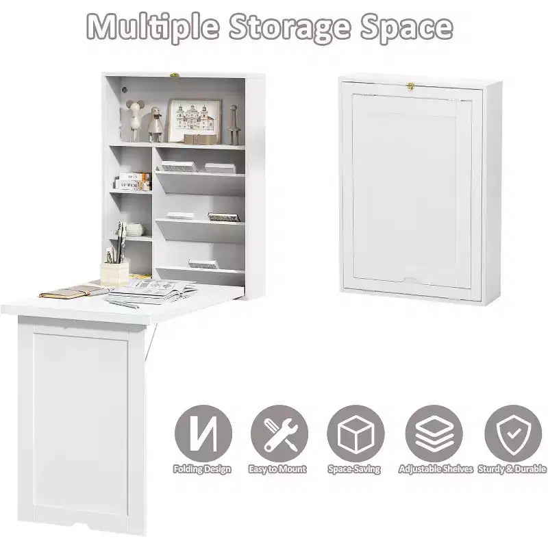 Wall Mounted Fold-Out Desk with Storage Shelves, White