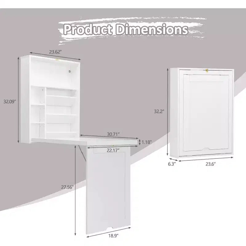 Wall Mounted Fold-Out Desk with Storage Shelves, White