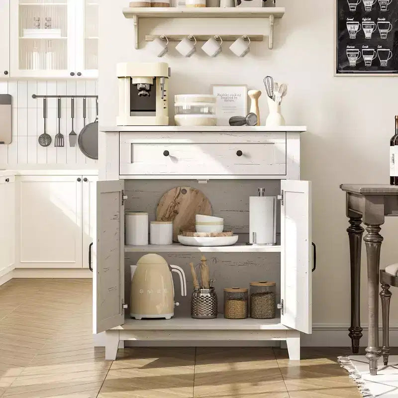 Farmhouse Storage Cabinet with 3 Adjustable Shelves and Drawer – Kitchen & Entryway Organizer