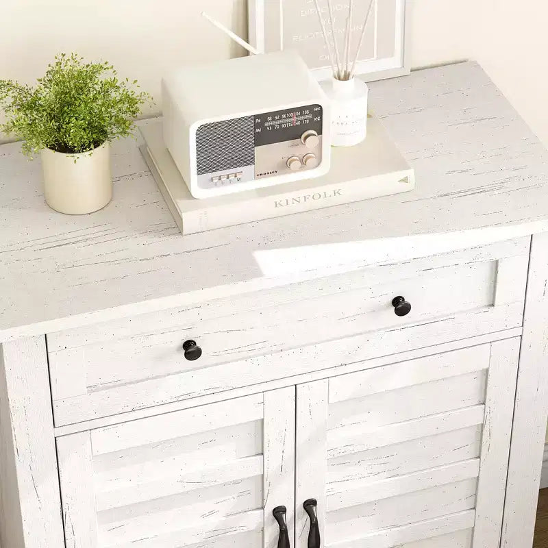 Farmhouse Storage Cabinet with 3 Adjustable Shelves and Drawer – Kitchen & Entryway Organizer