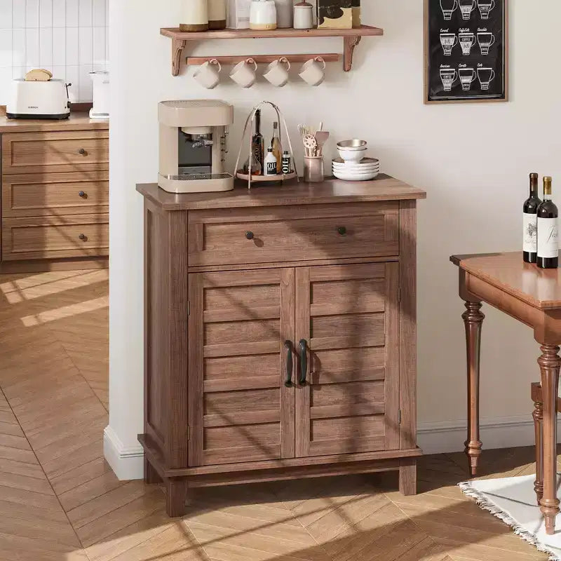 Farmhouse Storage Cabinet with 3 Adjustable Shelves and Drawer – Kitchen & Entryway Organizer