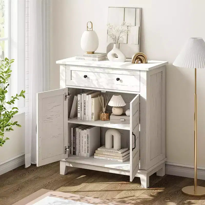 Farmhouse Storage Cabinet with 3 Adjustable Shelves and Drawer – Kitchen & Entryway Organizer