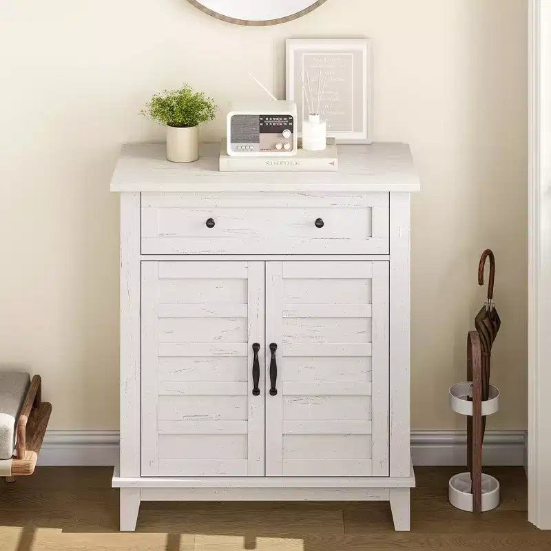 Farmhouse Storage Cabinet with 3 Adjustable Shelves and Drawer – Kitchen & Entryway Organizer