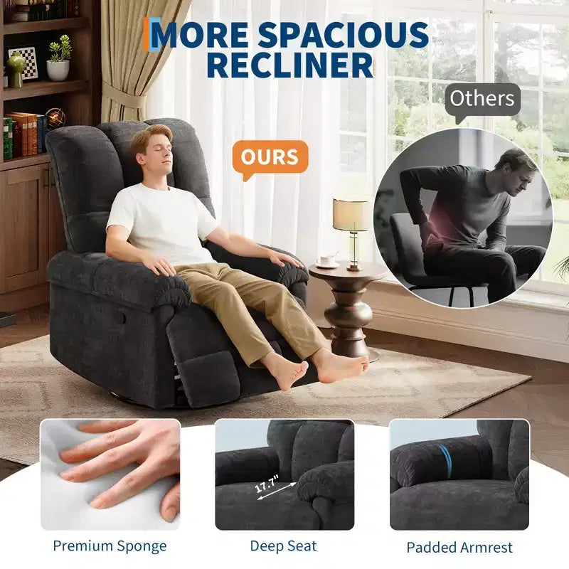 Oversized Swivel Rocker Recliner Chair with Chenille Upholstery
