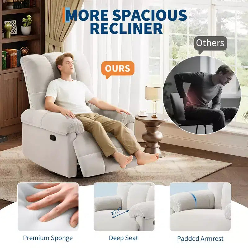 Oversized Swivel Rocker Recliner Chair with Chenille Upholstery