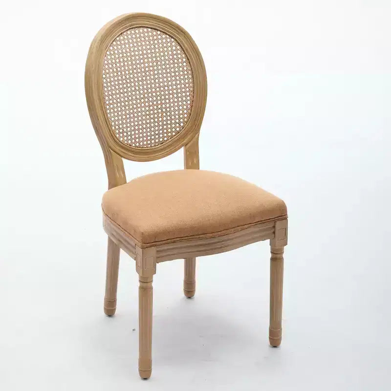 Set of 2 French Style Dining Chairs with Rattan Back and Linen Upholstery