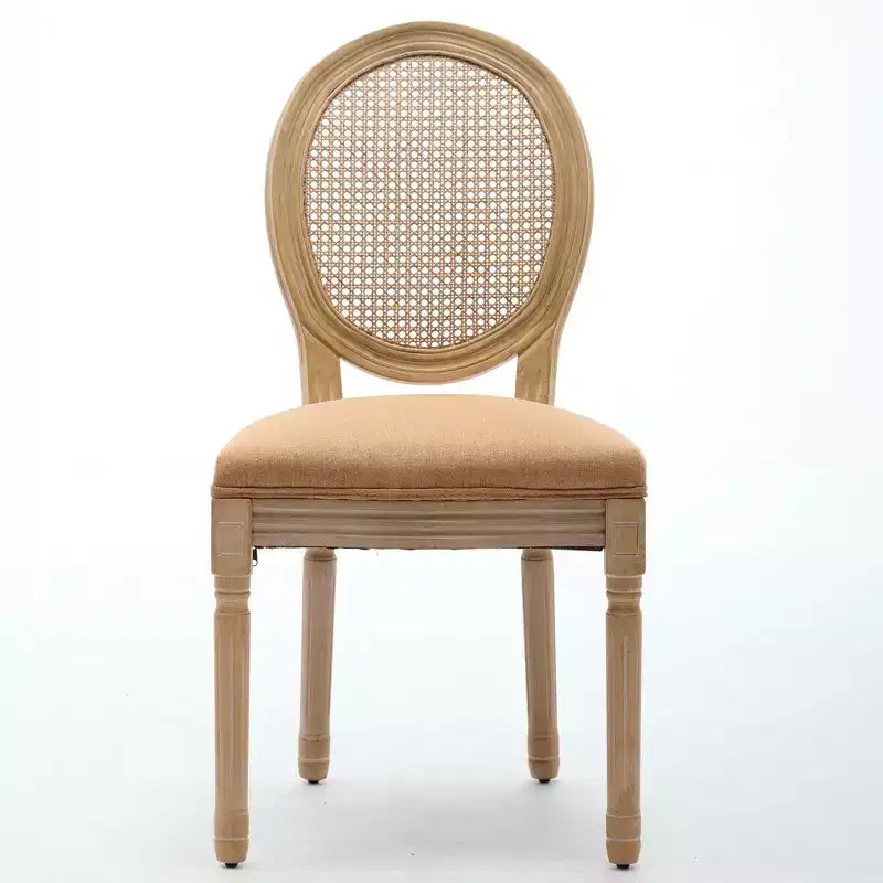Set of 2 French Style Dining Chairs with Rattan Back and Linen Upholstery