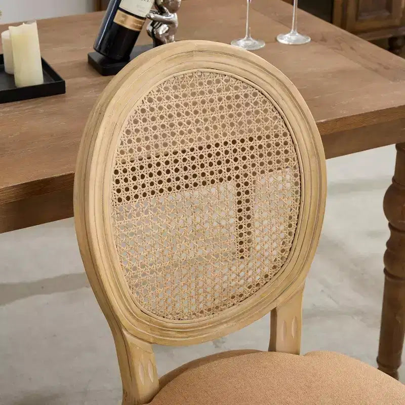 Set of 2 French Style Dining Chairs with Rattan Back and Linen Upholstery