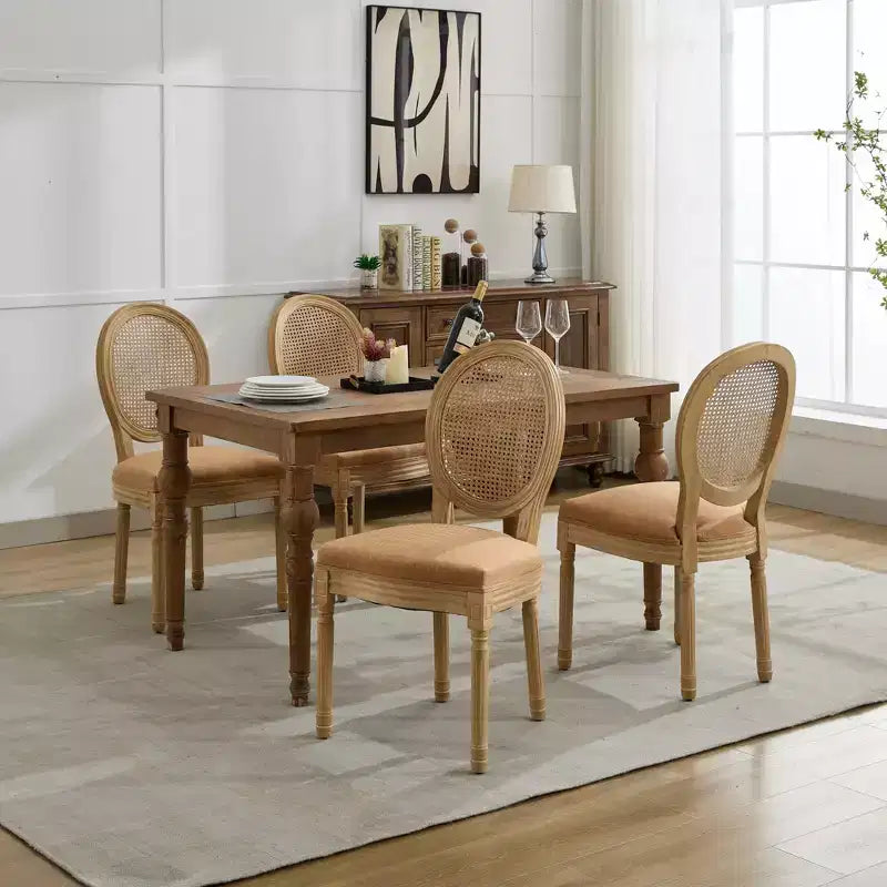 Set of 2 French Style Dining Chairs with Rattan Back and Linen Upholstery