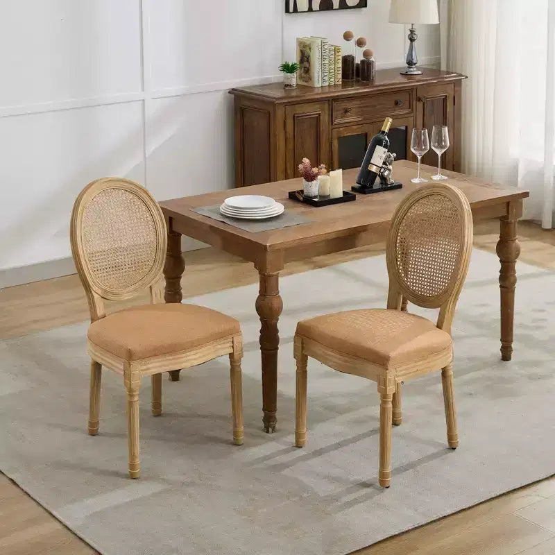 Set of 2 French Style Dining Chairs with Rattan Back and Linen Upholstery