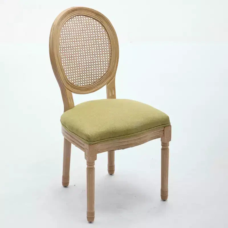 Set of 2 French Style Dining Chairs with Rattan Back and Linen Upholstery