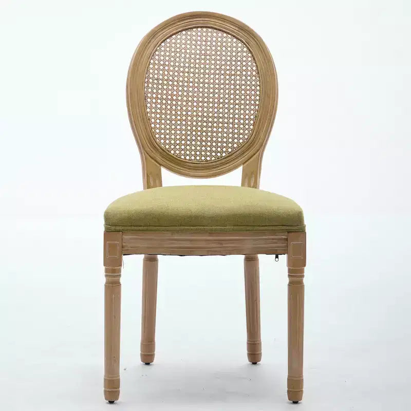 Set of 2 French Style Dining Chairs with Rattan Back and Linen Upholstery