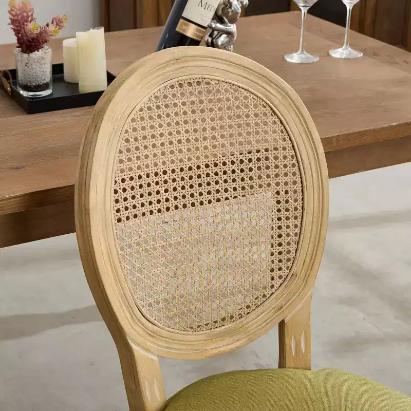 Set of 2 French Style Dining Chairs with Rattan Back and Linen Upholstery