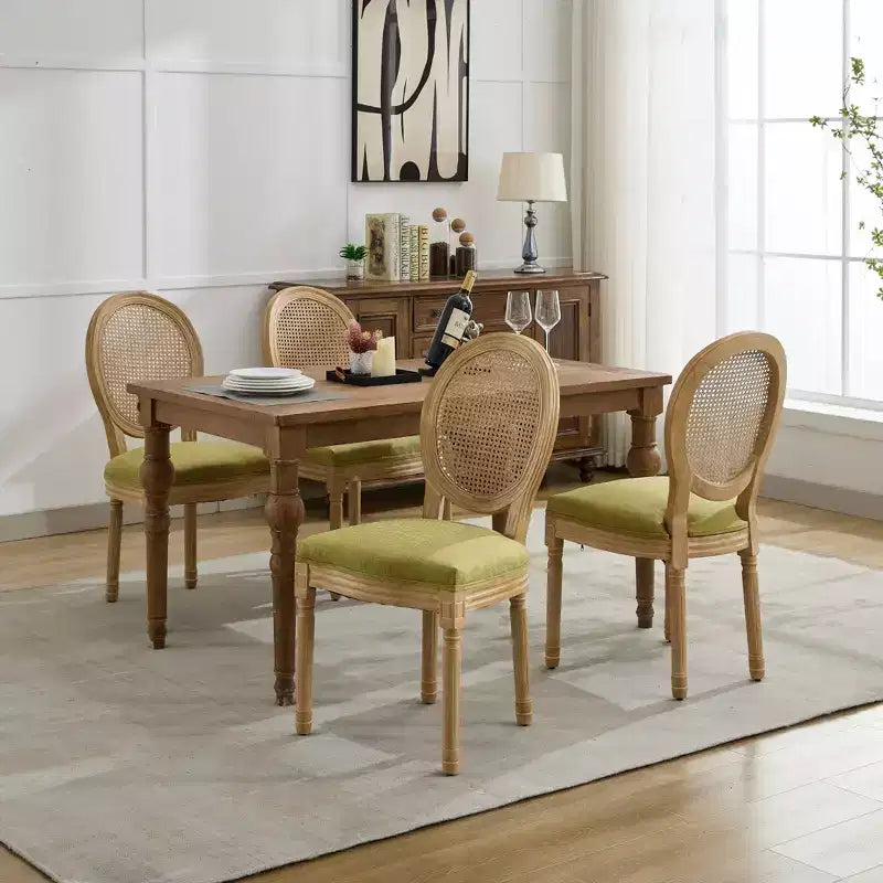 Set of 2 French Style Dining Chairs with Rattan Back and Linen Upholstery