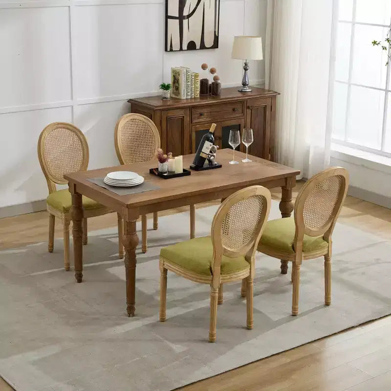 Set of 2 French Style Dining Chairs with Rattan Back and Linen Upholstery
