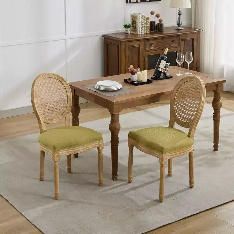 Set of 2 French Style Dining Chairs with Rattan Back and Linen Upholstery