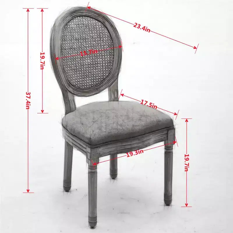 Set of 2 French Style Dining Chairs with Rattan Back and Linen Upholstery