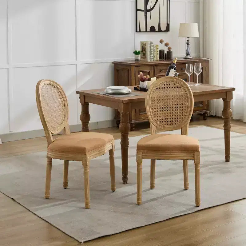 Set of 2 French Style Dining Chairs with Rattan Back and Linen Upholstery