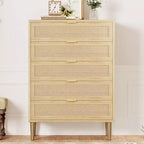 5-Drawer Dresser, 44" Tall Narrow Chest of Drawers with Rattan Panels and Gold Handles