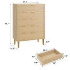 5-Drawer Dresser, 44" Tall Narrow Chest of Drawers with Rattan Panels and Gold Handles