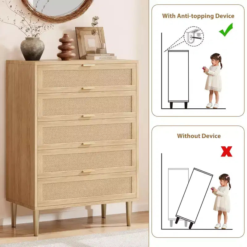5-Drawer Dresser, 44" Tall Narrow Chest of Drawers with Rattan Panels and Gold Handles