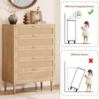 5-Drawer Dresser, 44" Tall Narrow Chest of Drawers with Rattan Panels and Gold Handles