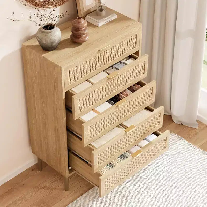 5-Drawer Dresser, 44" Tall Narrow Chest of Drawers with Rattan Panels and Gold Handles