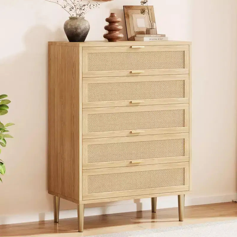 5-Drawer Dresser, 44" Tall Narrow Chest of Drawers with Rattan Panels and Gold Handles
