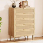 5-Drawer Dresser, 44" Tall Narrow Chest of Drawers with Rattan Panels and Gold Handles