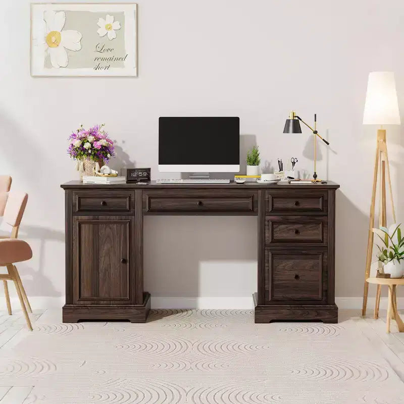 60" Farmhouse Executive Desk with Drawers and Cabinet – Rustic Wood Home Office Desk