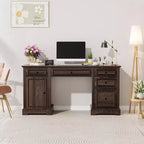 60" Farmhouse Executive Desk with Drawers and Cabinet – Rustic Wood Home Office Desk
