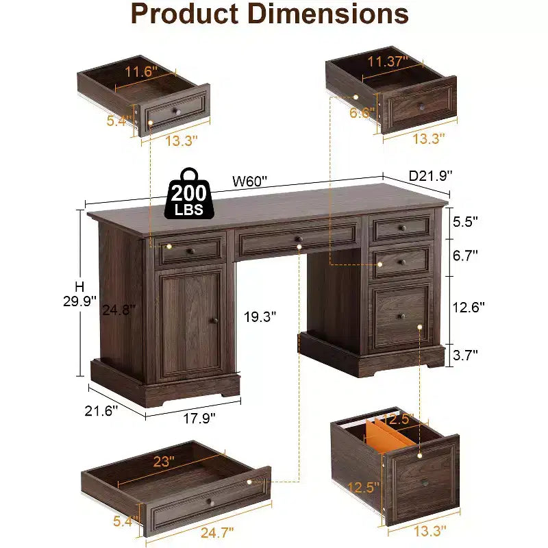 60" Farmhouse Executive Desk with Drawers and Cabinet – Rustic Wood Home Office Desk