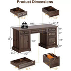 60" Farmhouse Executive Desk with Drawers and Cabinet – Rustic Wood Home Office Desk
