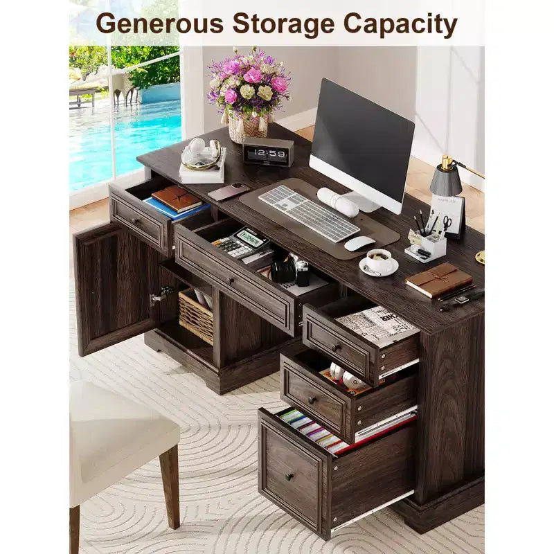 60" Farmhouse Executive Desk with Drawers and Cabinet – Rustic Wood Home Office Desk