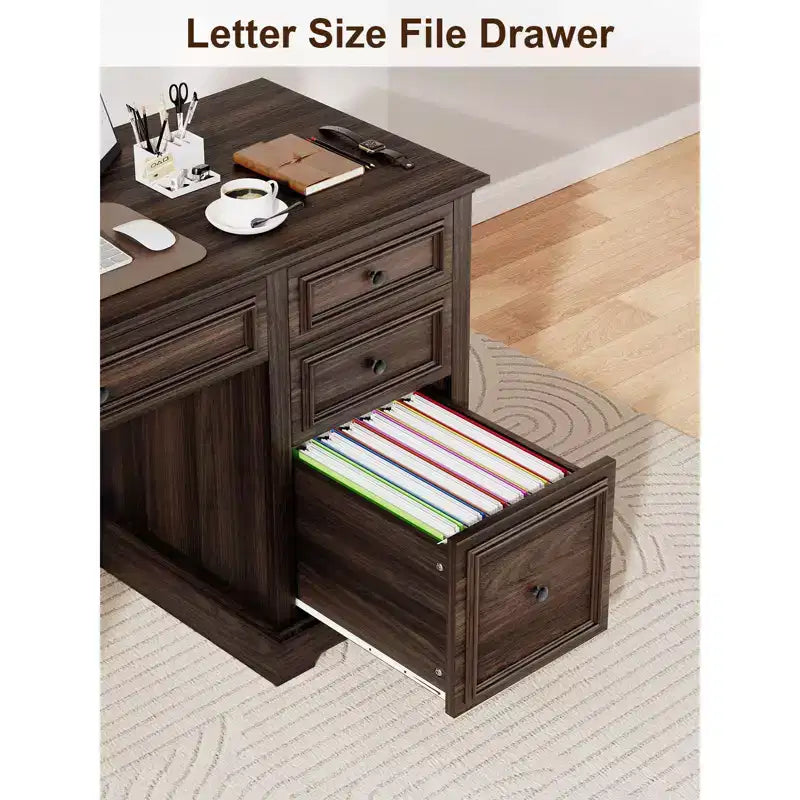 60" Farmhouse Executive Desk with Drawers and Cabinet – Rustic Wood Home Office Desk