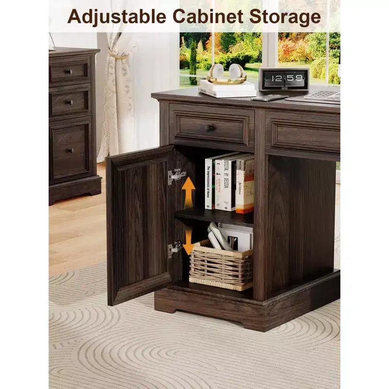 60" Farmhouse Executive Desk with Drawers and Cabinet – Rustic Wood Home Office Desk