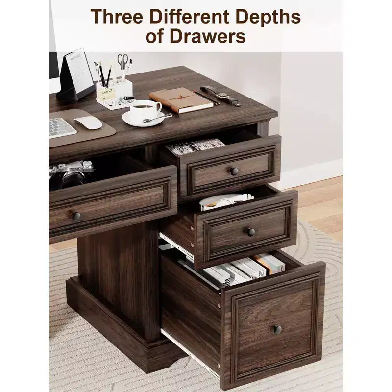 60" Farmhouse Executive Desk with Drawers and Cabinet – Rustic Wood Home Office Desk
